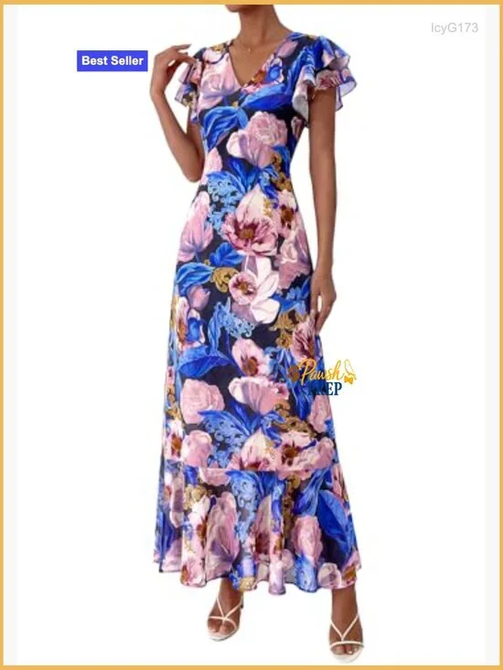 Floral Maxi Dress with V-Neck Ruffle Sleeves Elastic Waist Pockets - Picture 2 of 7